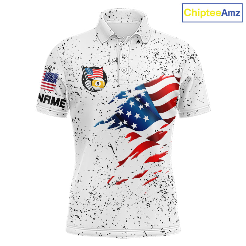 Personalized White Grunge 9 Ball American Flag Billiard Shirts For Men Patriotic Pool Team Jersey TDM7682