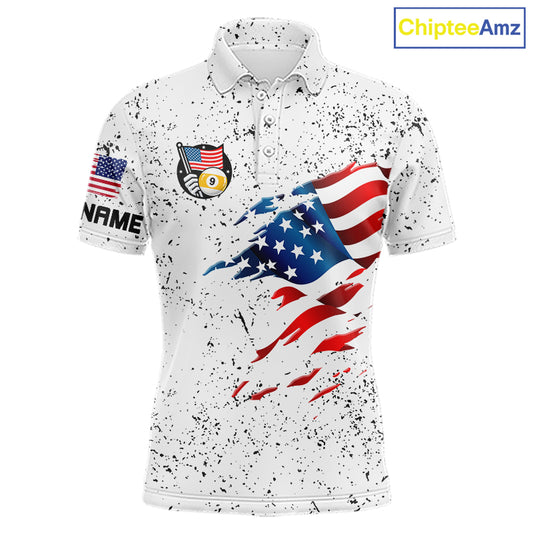 Personalized White Grunge 9 Ball American Flag Billiard Shirts For Men Patriotic Pool Team Jersey TDM7682