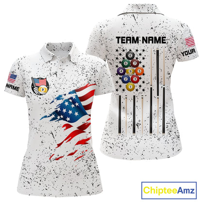 Personalized White Grunge 9 Ball American Flag Billiard Shirts For Women Patriotic Pool Team Jersey TDM7682
