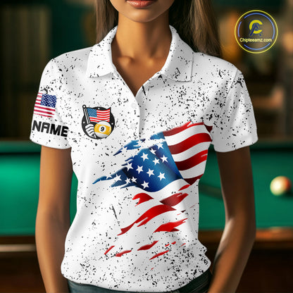 Personalized White Grunge 9 Ball American Flag Billiard Shirts For Women Patriotic Pool Team Jersey TDM7682