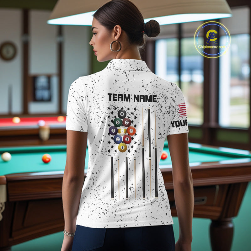 Personalized White Grunge 9 Ball American Flag Billiard Shirts For Women Patriotic Pool Team Jersey TDM7682