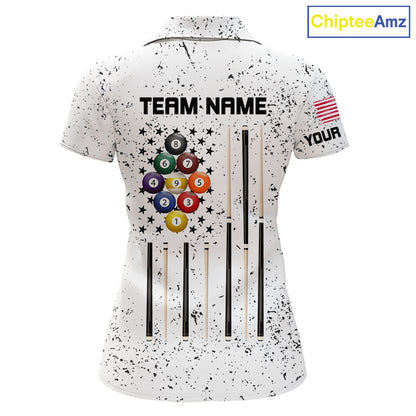 Personalized White Grunge 9 Ball American Flag Billiard Shirts For Women Patriotic Pool Team Jersey TDM7682
