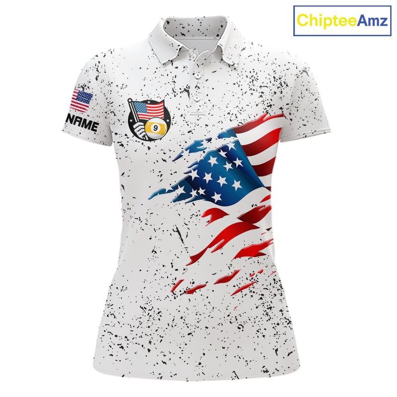 Personalized White Grunge 9 Ball American Flag Billiard Shirts For Women Patriotic Pool Team Jersey TDM7682