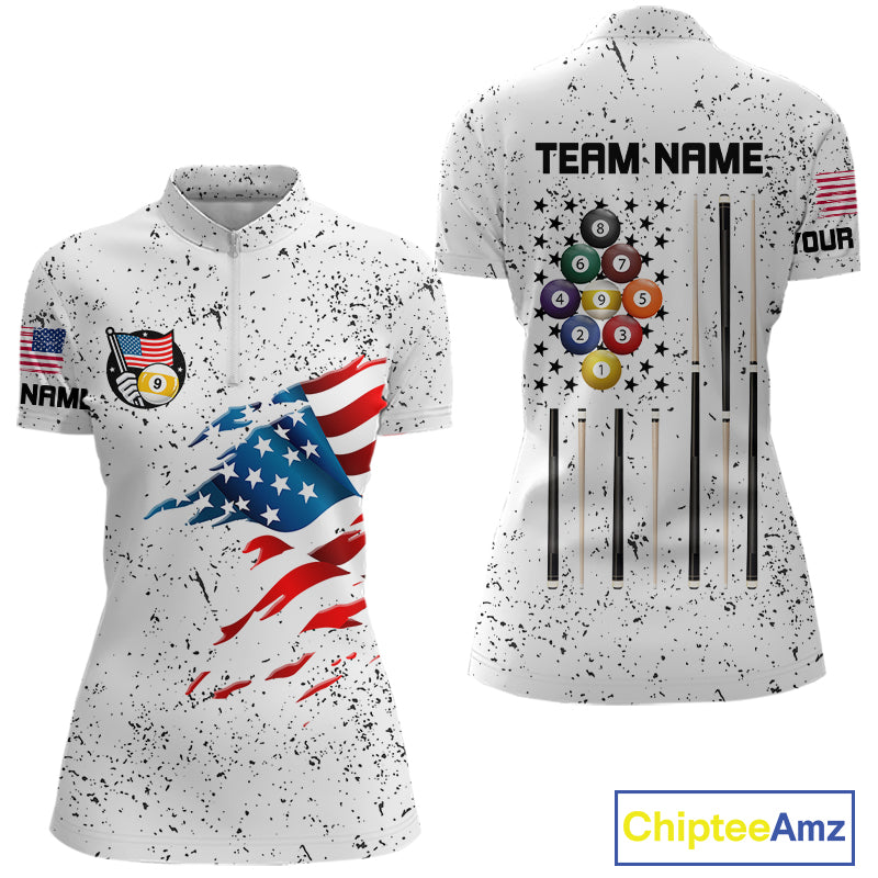 Personalized White Grunge 9 Ball American Flag Billiard Shirts For Women Patriotic Pool Team Jersey TDM7682