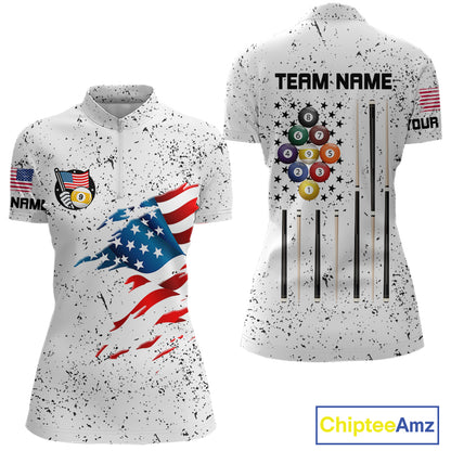 Personalized White Grunge 9 Ball American Flag Billiard Shirts For Women Patriotic Pool Team Jersey TDM7682