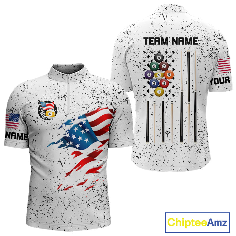 Personalized White Grunge 9 Ball American Flag Billiard Shirts For Men Patriotic Pool Team Jersey TDM7682