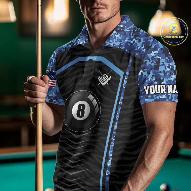 Blue Camo American Flag 8 Ball Billiard Pool Shirts For Men Personalized Billiard Team Jersey TDM7684