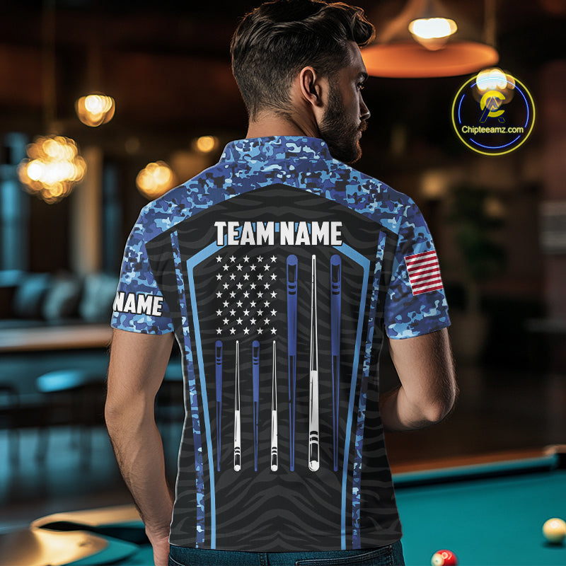 Blue Camo American Flag 8 Ball Billiard Pool Shirts For Men Personalized Billiard Team Jersey TDM7684