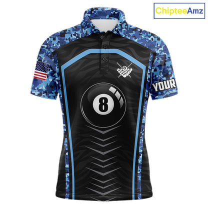 Blue Camo American Flag 8 Ball Billiard Pool Shirts For Men Personalized Billiard Team Jersey TDM7684
