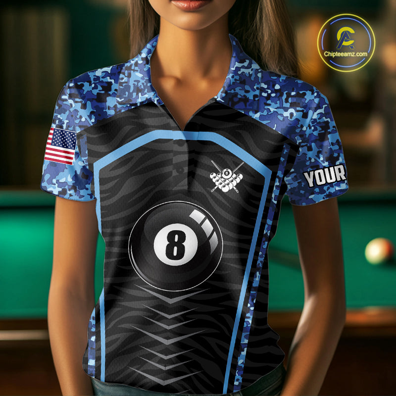 Blue Camo American Flag 8 Ball Billiard Pool Shirts For Women Personalized Billiard Team Jersey TDM7684