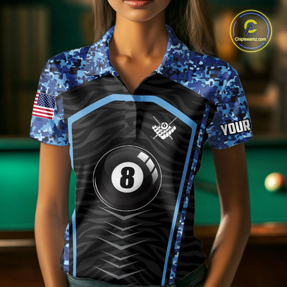 Blue Camo American Flag 8 Ball Billiard Pool Shirts For Women Personalized Billiard Team Jersey TDM7684