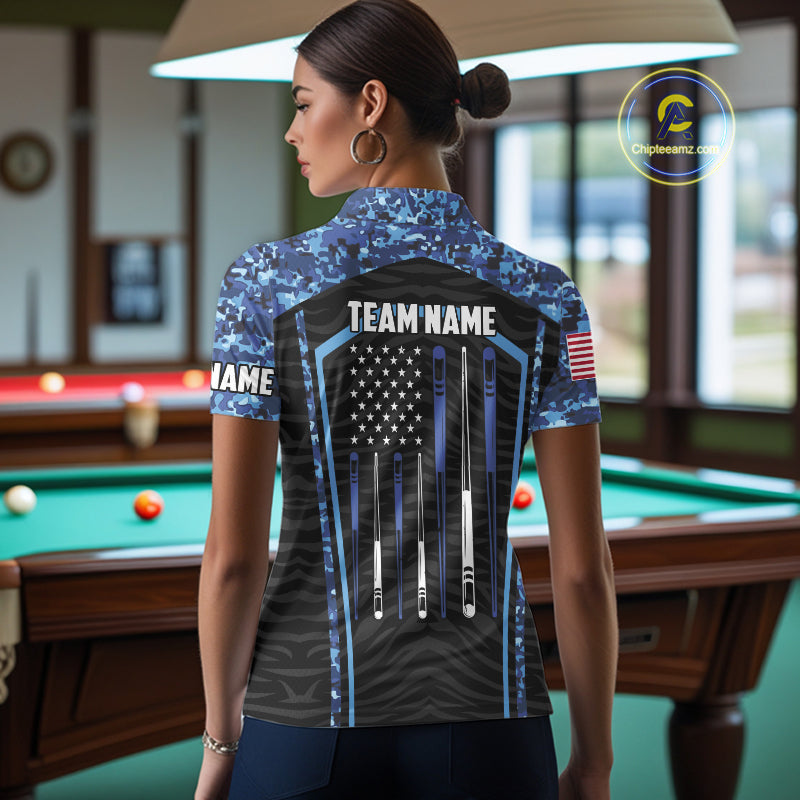 Blue Camo American Flag 8 Ball Billiard Pool Shirts For Women Personalized Billiard Team Jersey TDM7684