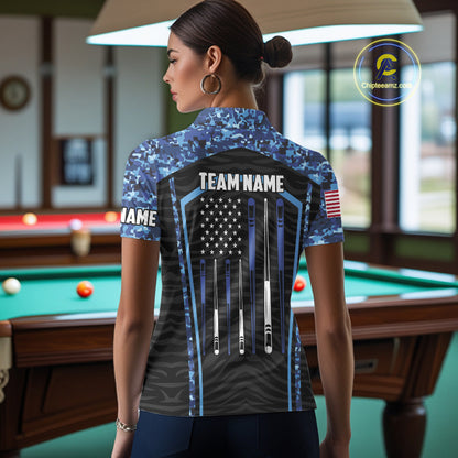 Blue Camo American Flag 8 Ball Billiard Pool Shirts For Women Personalized Billiard Team Jersey TDM7684