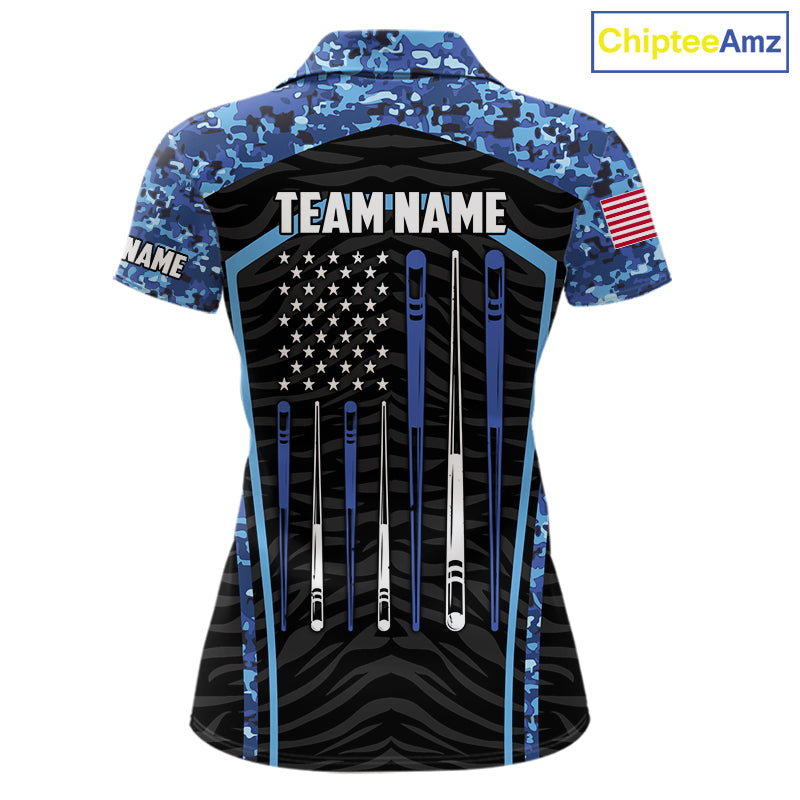Blue Camo American Flag 8 Ball Billiard Pool Shirts For Women Personalized Billiard Team Jersey TDM7684