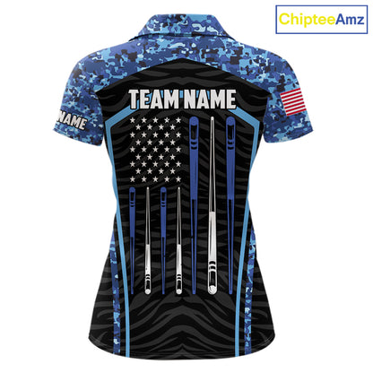 Blue Camo American Flag 8 Ball Billiard Pool Shirts For Women Personalized Billiard Team Jersey TDM7684