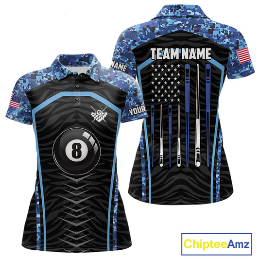 Blue Camo American Flag 8 Ball Billiard Pool Shirts For Women Personalized Billiard Team Jersey TDM7684