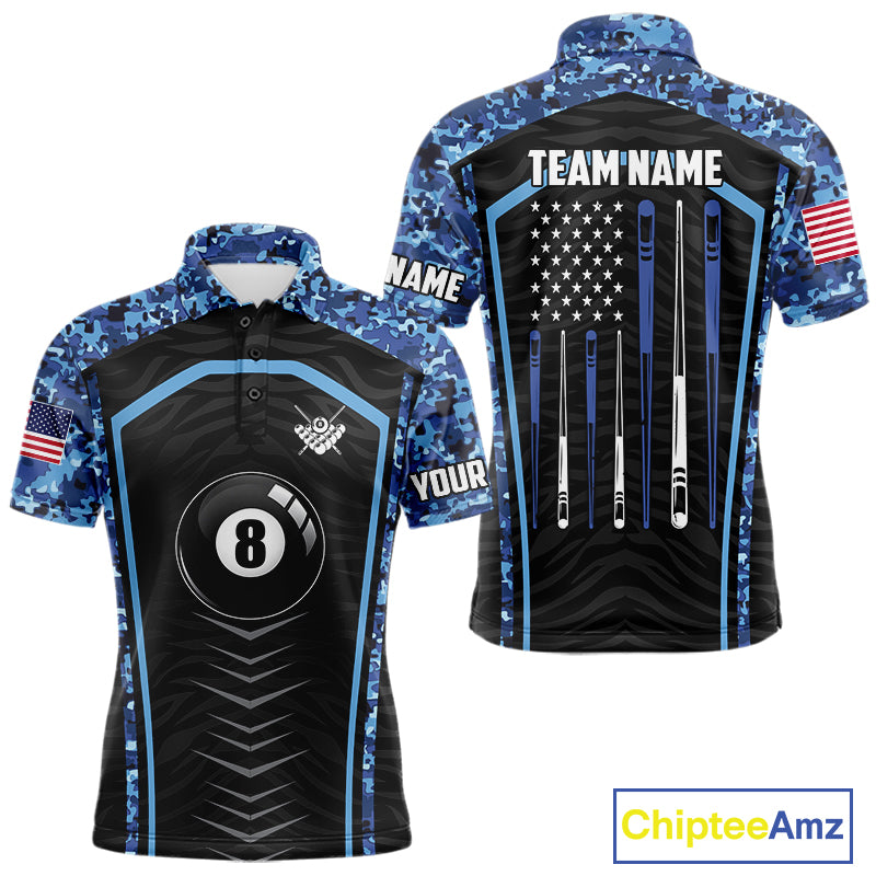 Blue Camo American Flag 8 Ball Billiard Pool Shirts For Men Personalized Billiard Team Jersey TDM7684