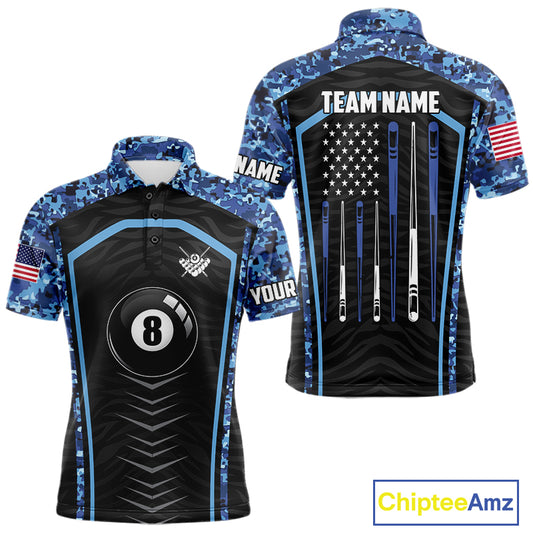 Blue Camo American Flag 8 Ball Billiard Pool Shirts For Men Personalized Billiard Team Jersey TDM7684
