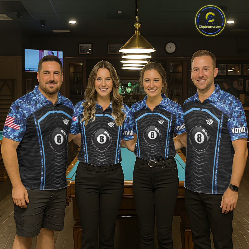 Blue Camo American Flag 8 Ball Billiard Pool Shirts For Women Personalized Billiard Team Jersey TDM7684