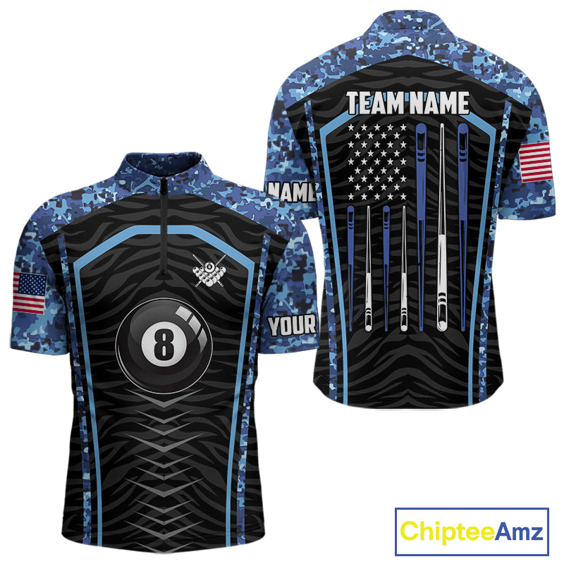 Blue Camo American Flag 8 Ball Billiard Pool Shirts For Men Personalized Billiard Team Jersey TDM7684