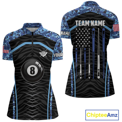 Blue Camo American Flag 8 Ball Billiard Pool Shirts For Women Personalized Billiard Team Jersey TDM7684