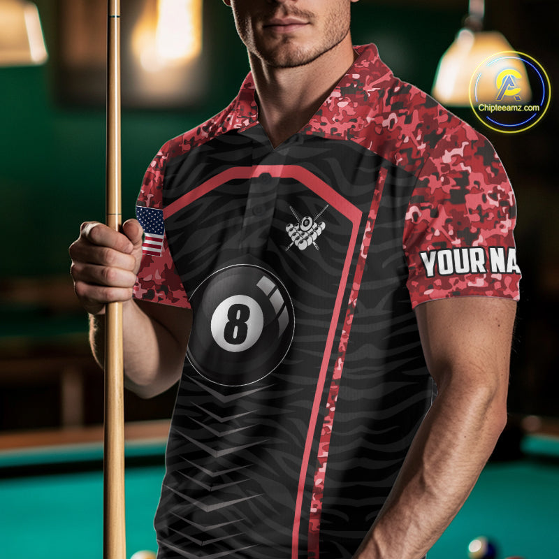 Custom Red Camo American Flag 8 Ball Billiard Pool Shirt For Men Personalized Billiard Team Jersey TDM7685