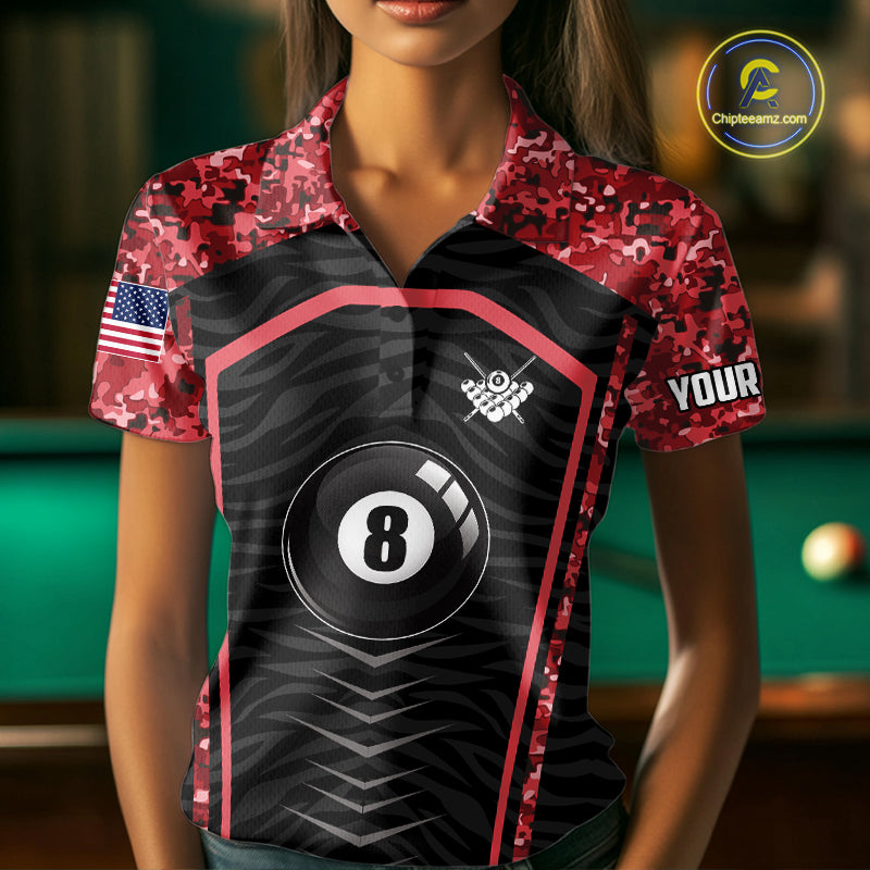 Custom Red Camo American Flag 8 Ball Billiard Pool Shirt For Women Personalized Billiard Team Jersey TDM7685