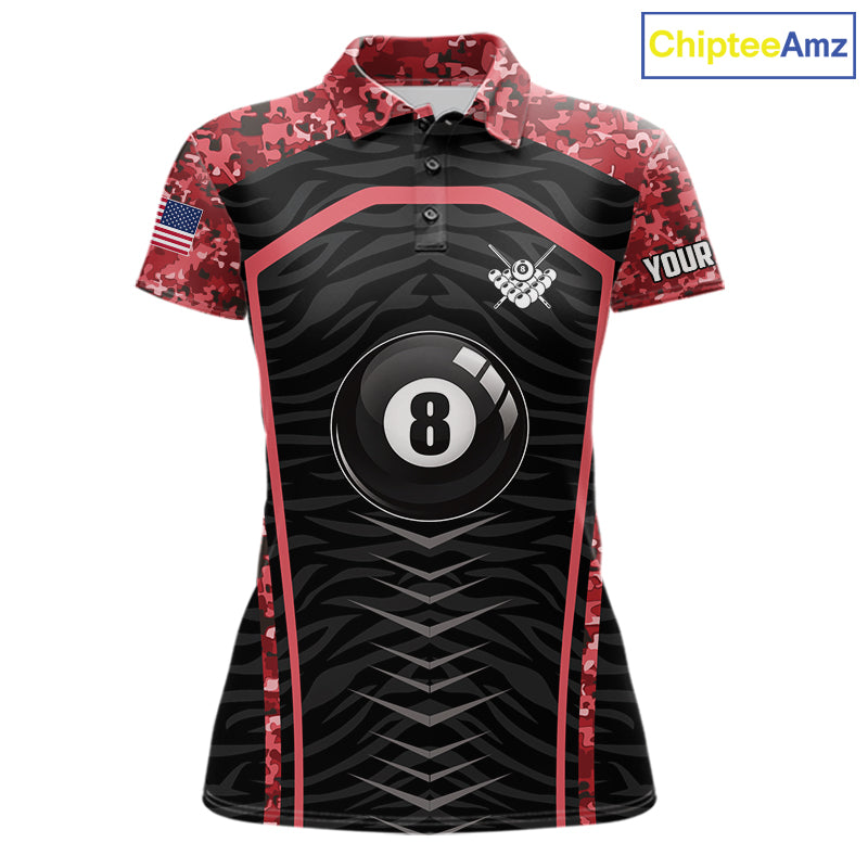 Custom Red Camo American Flag 8 Ball Billiard Pool Shirt For Women Personalized Billiard Team Jersey TDM7685