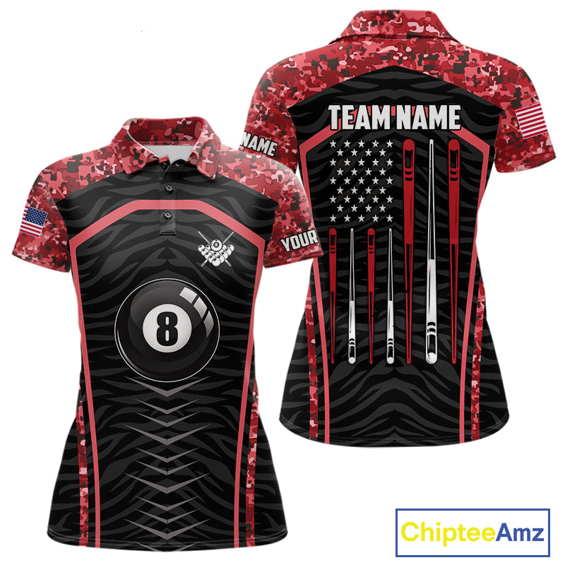 Custom Red Camo American Flag 8 Ball Billiard Pool Shirt For Women Personalized Billiard Team Jersey TDM7685