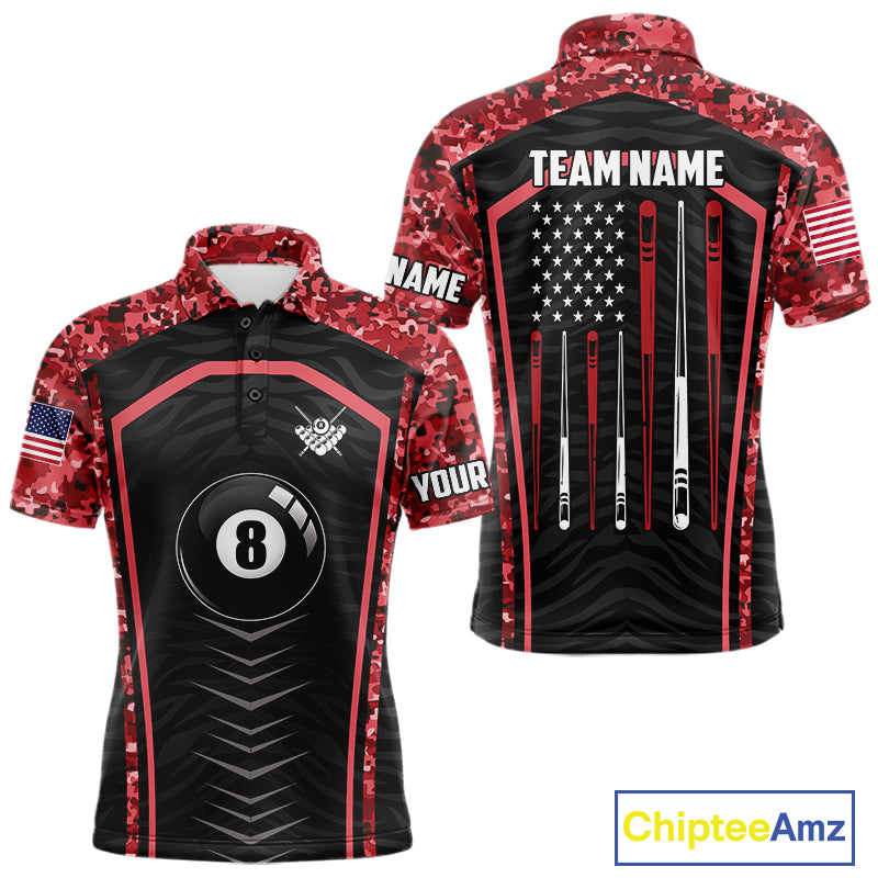 Custom Red Camo American Flag 8 Ball Billiard Pool Shirt For Men Personalized Billiard Team Jersey TDM7685