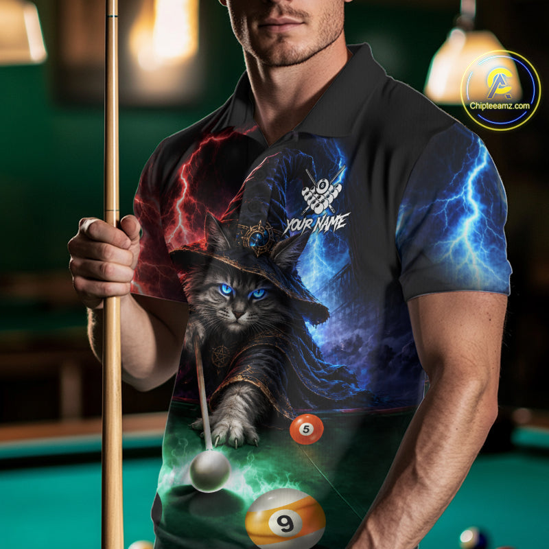 Funny Cat Wizard Lightning Thunder Billiard Shirt For Men Custom Pool Team Jersey Polo & 1/4 Zip TDM7686