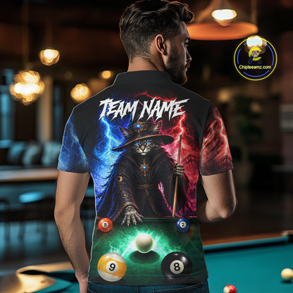 Funny Cat Wizard Lightning Thunder Billiard Shirt For Men Custom Pool Team Jersey Polo & 1/4 Zip TDM7686