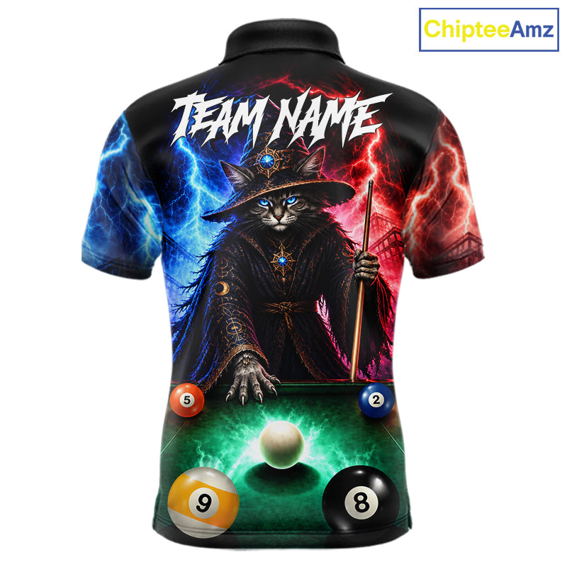 Funny Cat Wizard Lightning Thunder Billiard Shirt For Men Custom Pool Team Jersey Polo & 1/4 Zip TDM7686
