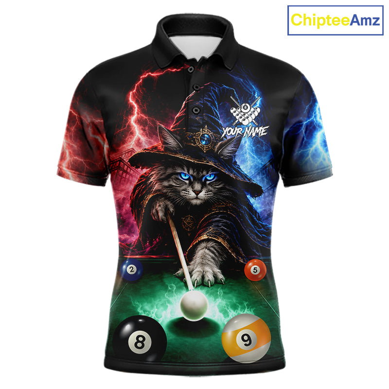 Funny Cat Wizard Lightning Thunder Billiard Shirt For Men Custom Pool Team Jersey Polo & 1/4 Zip TDM7686