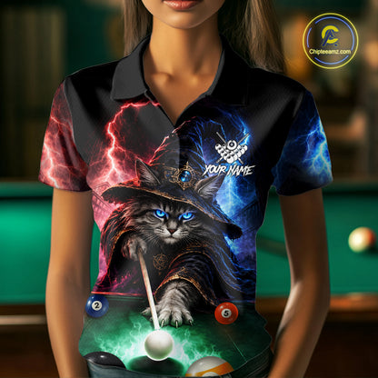 Funny Cat Wizard Lightning Thunder Billiard Shirt For Women Custom Pool Team Jersey Polo & 1/4 Zip TDM7686