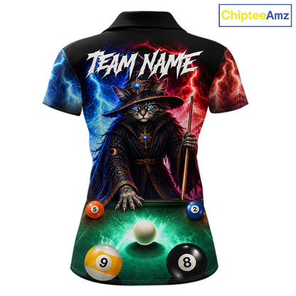 Funny Cat Wizard Lightning Thunder Billiard Shirt For Women Custom Pool Team Jersey Polo & 1/4 Zip TDM7686