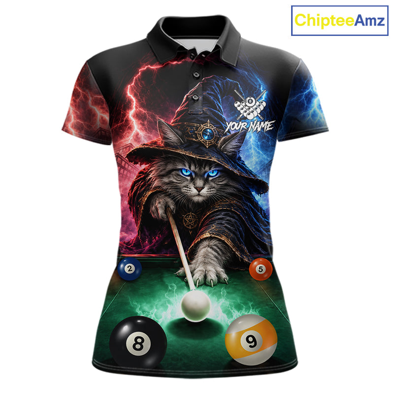 Funny Cat Wizard Lightning Thunder Billiard Shirt For Women Custom Pool Team Jersey Polo & 1/4 Zip TDM7686