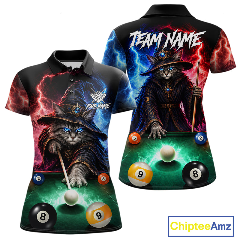 Funny Cat Wizard Lightning Thunder Billiard Shirt For Women Custom Pool Team Jersey Polo & 1/4 Zip TDM7686
