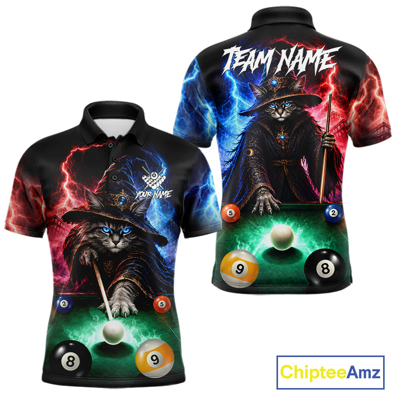 Funny Cat Wizard Lightning Thunder Billiard Shirt For Men Custom Pool Team Jersey Polo & 1/4 Zip TDM7686