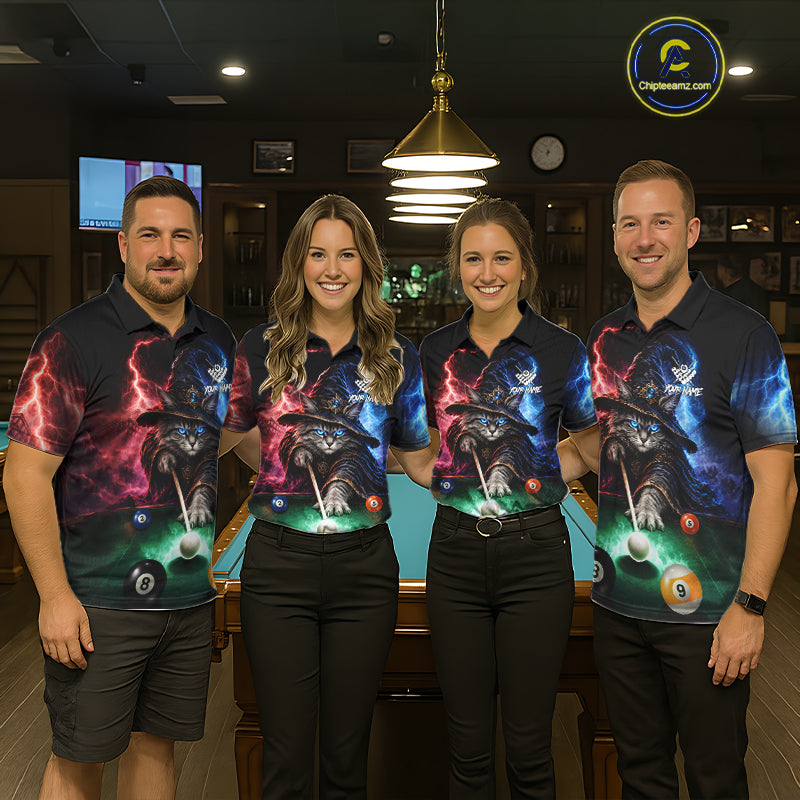 Funny Cat Wizard Lightning Thunder Billiard Shirt For Men Custom Pool Team Jersey Polo & 1/4 Zip TDM7686
