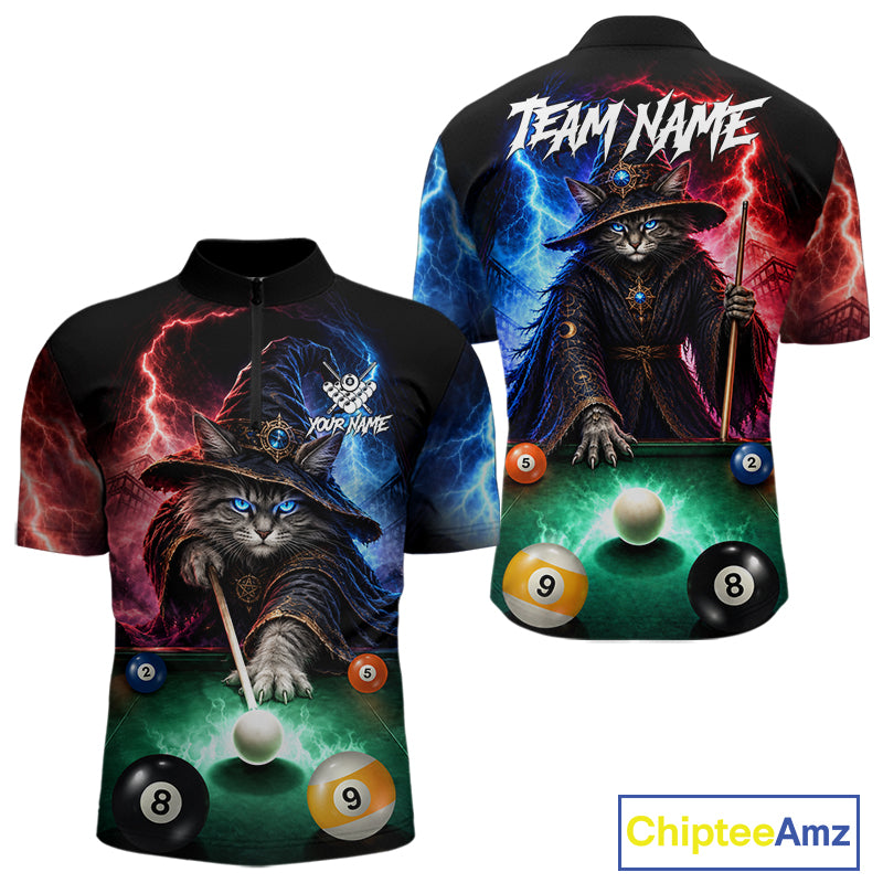 Funny Cat Wizard Lightning Thunder Billiard Shirt For Men Custom Pool Team Jersey Polo & 1/4 Zip TDM7686