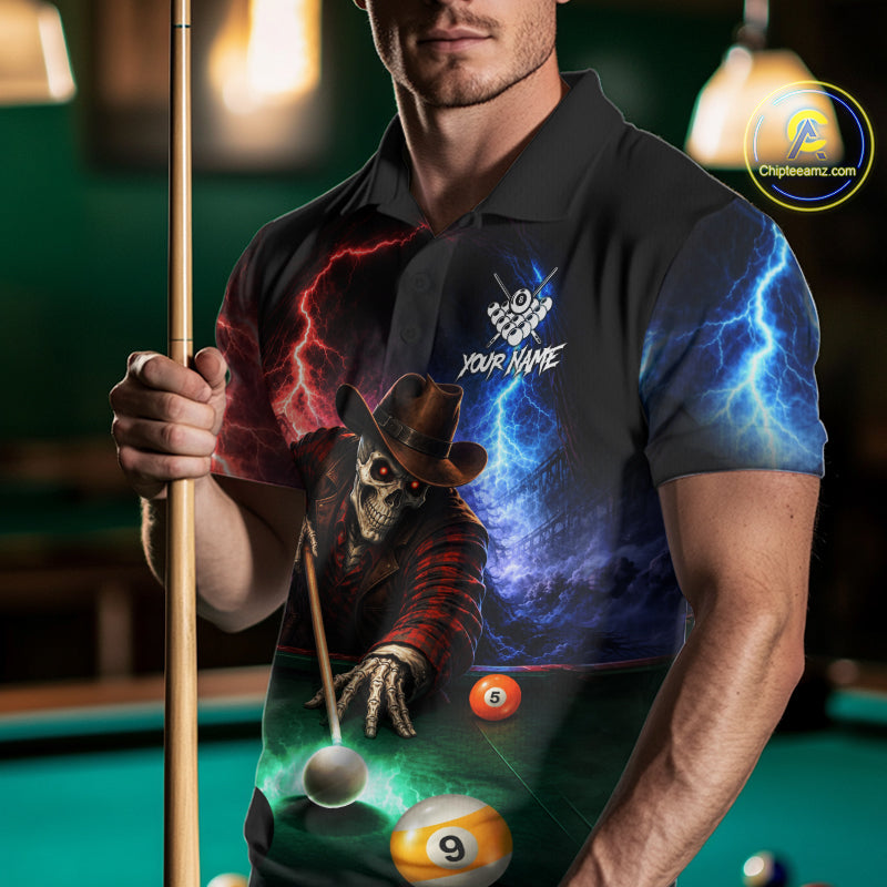 Funny Skeleton Cowboy Billiard Shirts For Men Custom Thunder Lightning Pool Team Jersey TDM7687