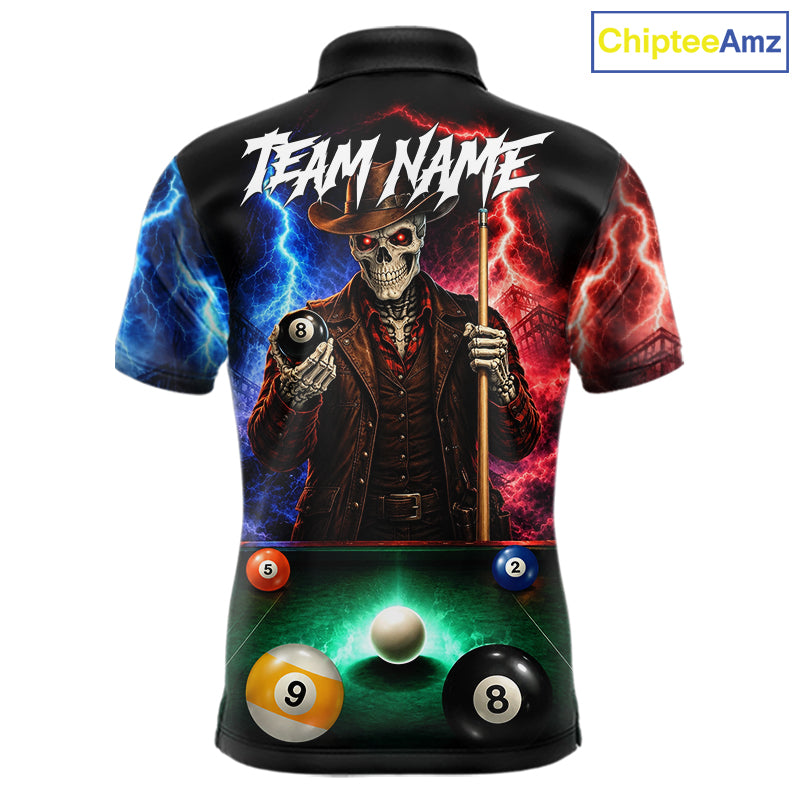 Funny Skeleton Cowboy Billiard Shirts For Men Custom Thunder Lightning Pool Team Jersey TDM7687