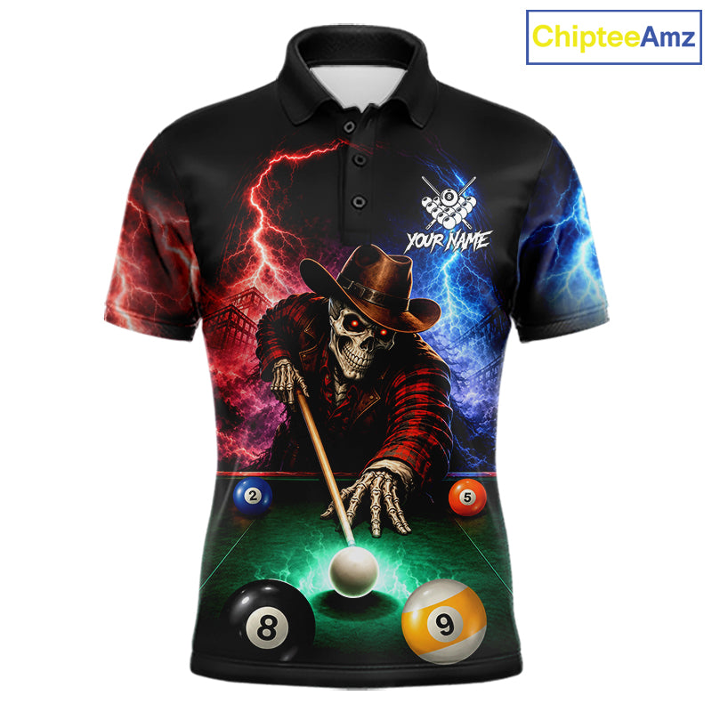 Funny Skeleton Cowboy Billiard Shirts For Men Custom Thunder Lightning Pool Team Jersey TDM7687