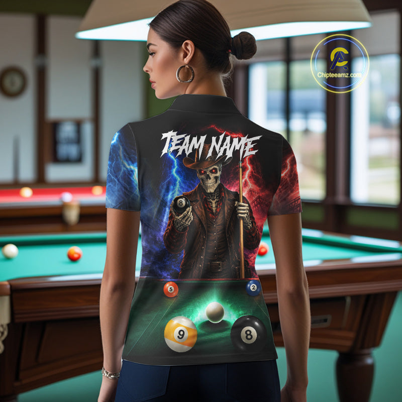 Funny Skeleton Cowboy Billiard Shirts For Women Custom Thunder Lightning Pool Team Jersey TDM7687