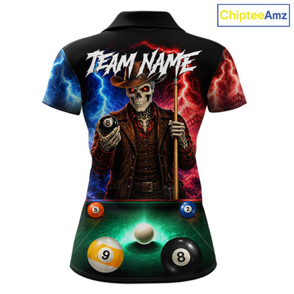 Funny Skeleton Cowboy Billiard Shirts For Women Custom Thunder Lightning Pool Team Jersey TDM7687