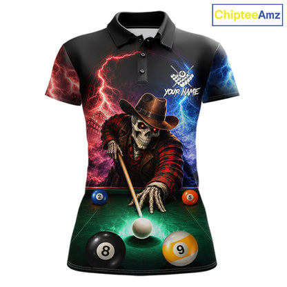 Funny Skeleton Cowboy Billiard Shirts For Women Custom Thunder Lightning Pool Team Jersey TDM7687