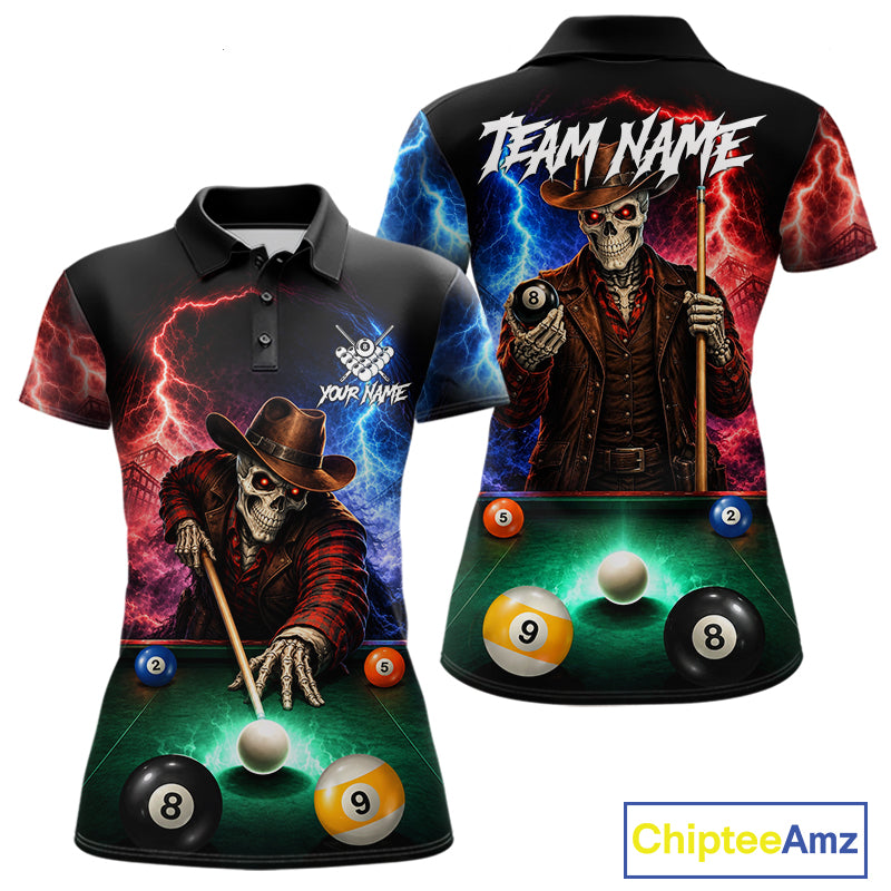 Funny Skeleton Cowboy Billiard Shirts For Women Custom Thunder Lightning Pool Team Jersey TDM7687