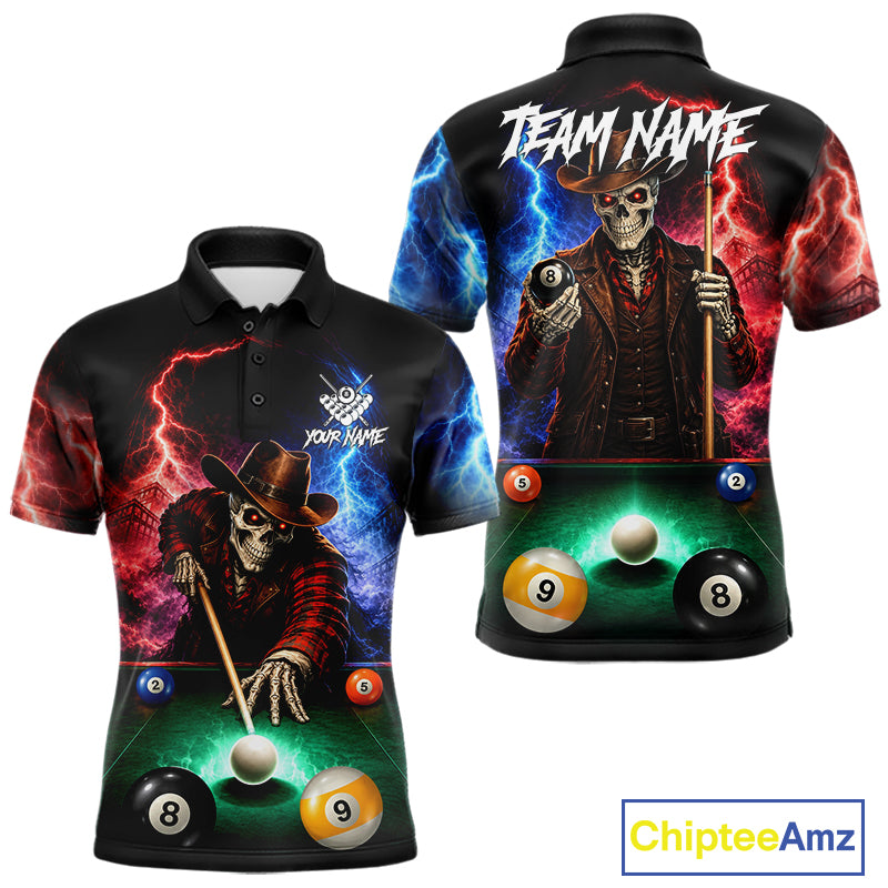 Funny Skeleton Cowboy Billiard Shirts For Men Custom Thunder Lightning Pool Team Jersey TDM7687