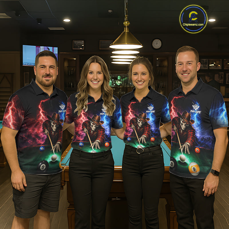 Funny Skeleton Cowboy Billiard Shirts For Women Custom Thunder Lightning Pool Team Jersey TDM7687